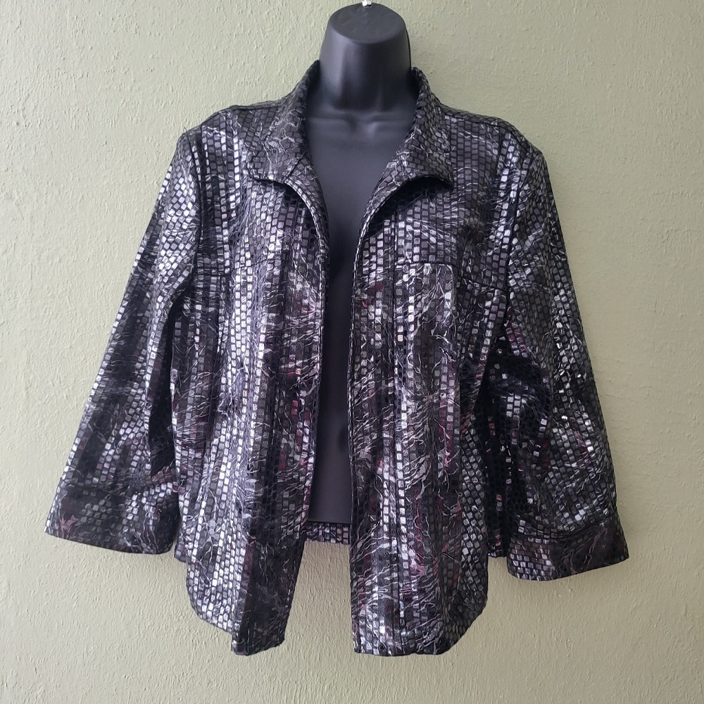 Dressbarn Jacket Women's Size XL BlackShiny Geometric 3/4 Sleeve Glam Party